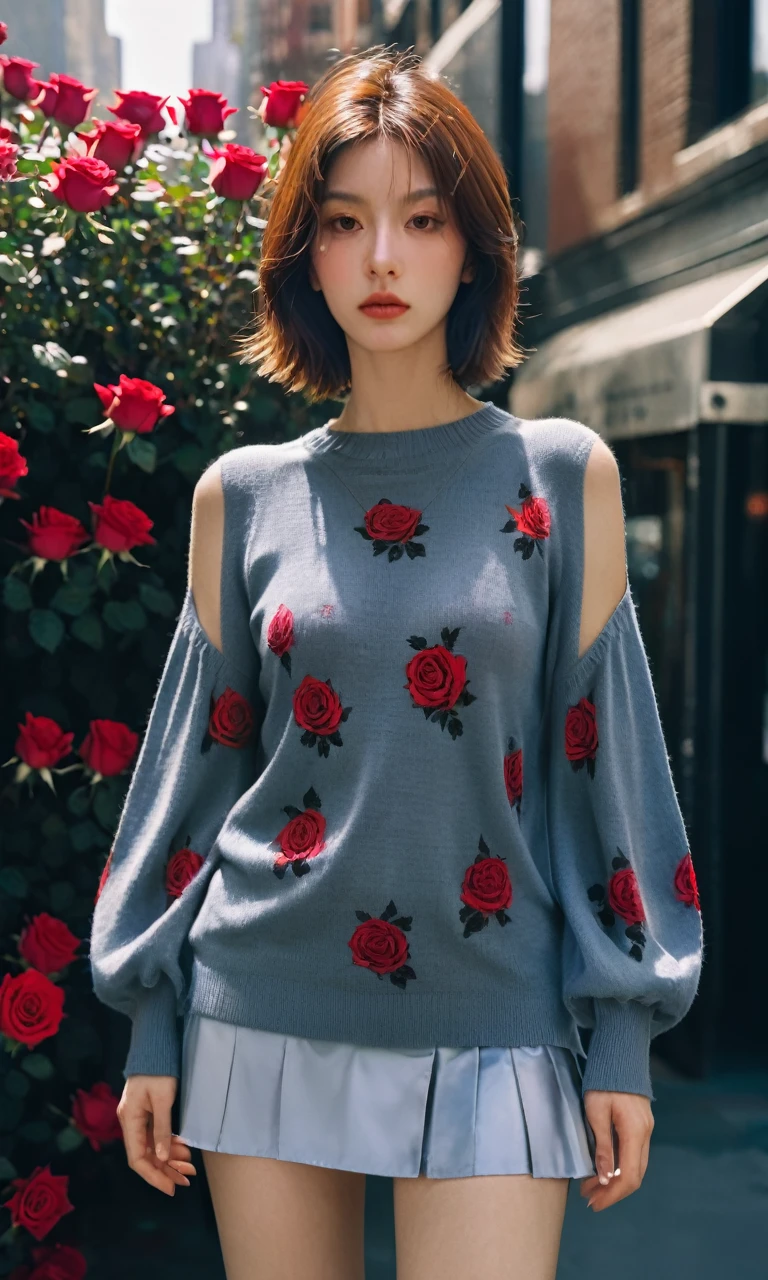 girl,1 female, Delicate eyes,Delicate face , Thigh details, On the streets of New York, Detailed background, Movie Shadows, Dramatic Lighting by Bill Sienkiewicz, ( SimplepositiveXLv1:0.7), _girl, Aesthetic portrait, Low angle shot of cowboy, tight sweater, (Field of Roses :1.4),
(Puff sleeves:1.3), Mermaid Knit Miniskirt, Model pose,