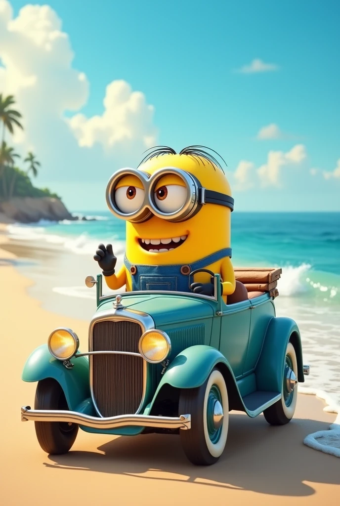 Minion riding a retro car on the beach