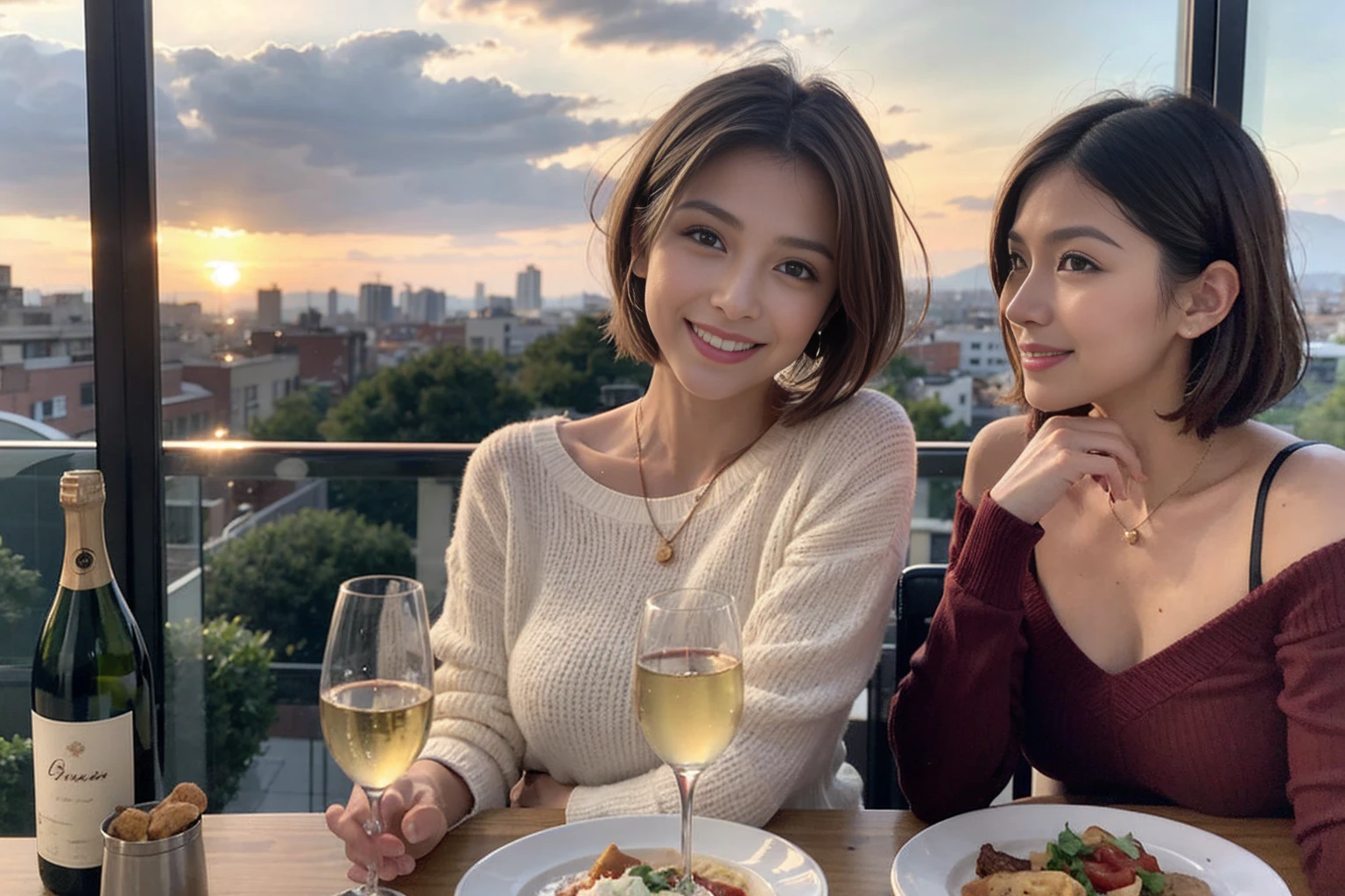 (Realistic:1.1),(masterpiece,Highest quality),8k,(49 years old), 53 years old, ベリーslimボディ、slimカップル、Tight waist,Upper Body,full-course dinner、wine 、Amazing view of the sunset sky and clouds、Perfect Anatomy, Brown Hair, short hair,Random Hairstyles,((Highly detailed face and eyes:1.2)),Perfect golden ratio face,Long sleeve shirt、dress,(smile:1.2)、Shortcuts、cute、(Realistic, Intricate details:1.2), A bright smile、short hair,Bright Face、赤wine 、Appetizers、Italian food、wine bottle、Champagne、スパークリングwine、(slimな顔), (The body is slim), (Brown Hair), (Shortcuts), Upper Body, 白wine, slim, wineグラス,