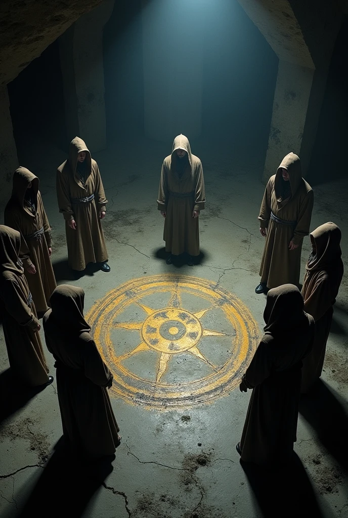 Six hooded men surrounding a magic circle drawn on a wide, dark underground floor.