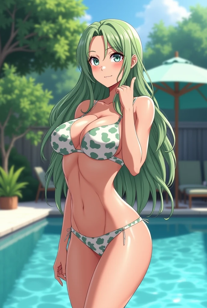 Sexy Anime Style, a mature woman, 40 years, long light green hair, gray eyes, White skin, of voluptuous and curvy build, provocative bikini, that he is sunbathing by the pool in the backyard of his house