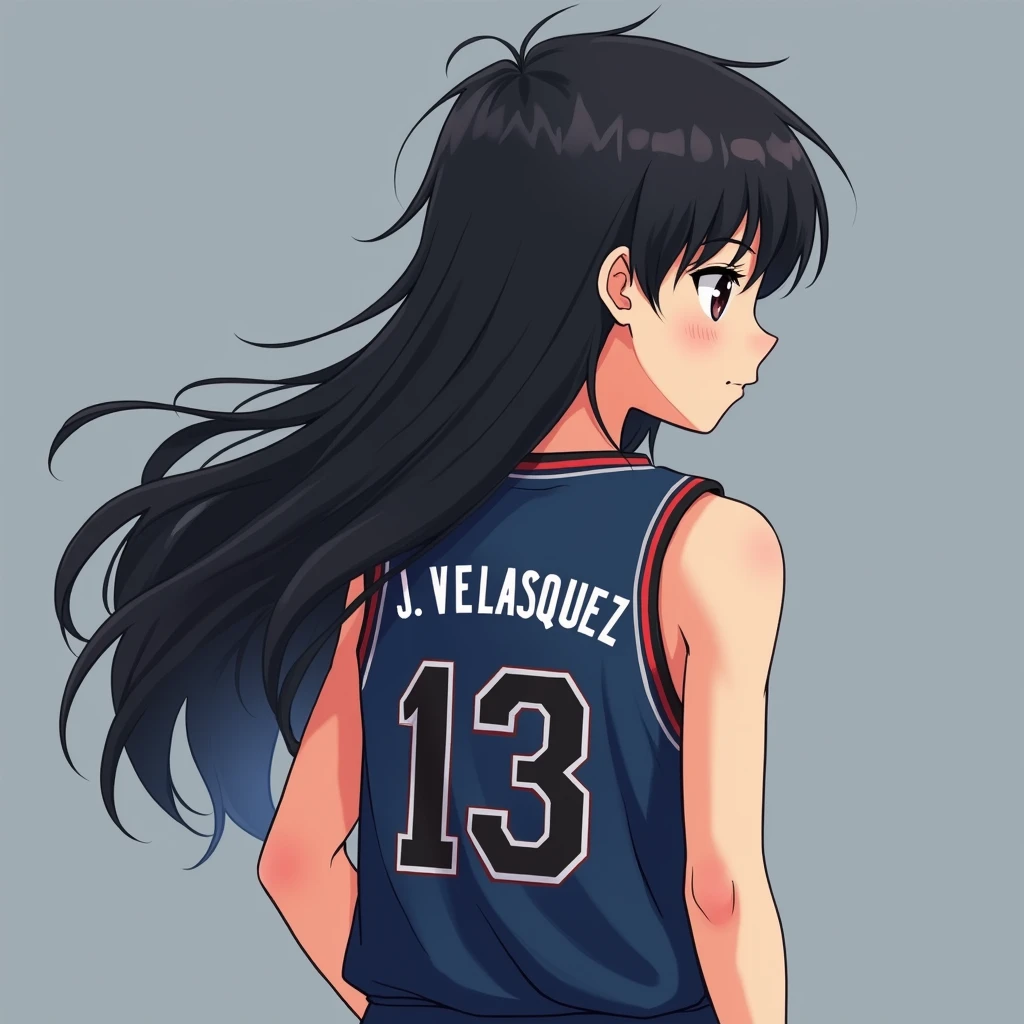 Anime boy with long black hair, short stature of 1.50 cm,with dark blue basketball jersey, that says J. VELASQUEZ and the number 13 on his back