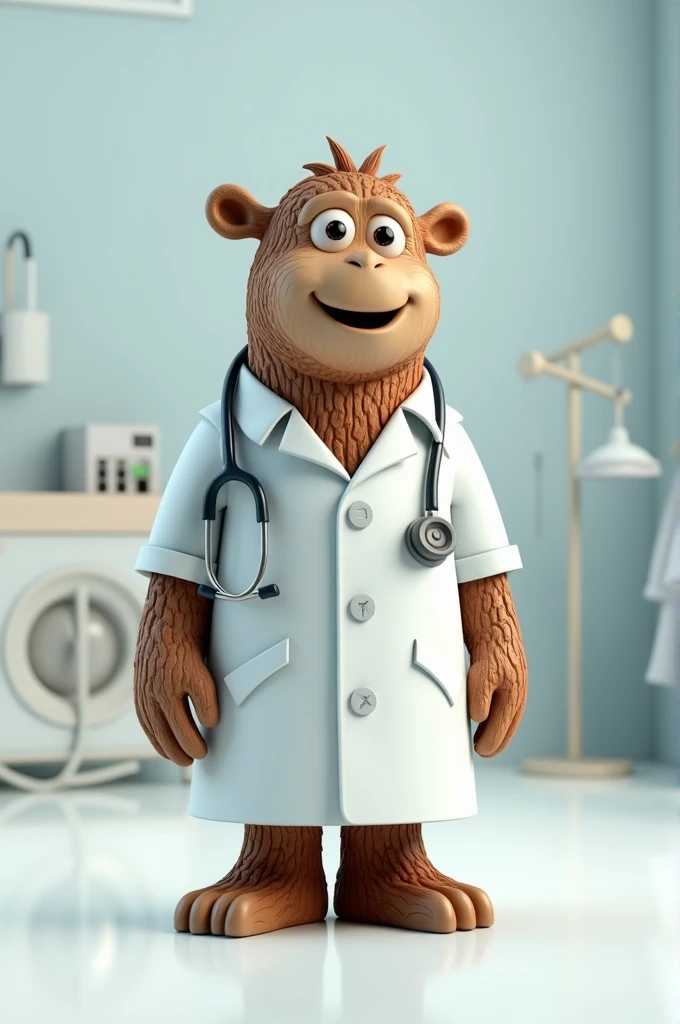 The 3d image of a medical mascot is a log wearing a medical gown and a stethoscope.