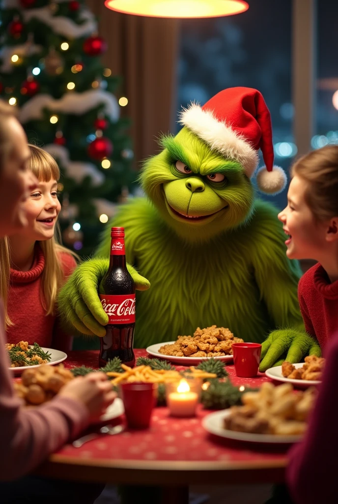 family enjoying Christmas with the grinch at a table eating and laughing and the best, enjoying a bottle of coke