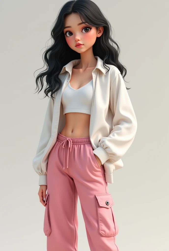  She is short and has dark wavy hair and a little white, she wears pink cargo pants and white sneakers and a white blouse, she is a teenager, 14 years old and has a white long-sleeved blouse inside the blouse and she is very beautiful, she is a bit dark-skinned but white 
