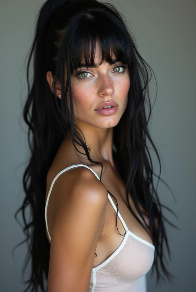 Beautiful European woman with very long black hair, ponytail with fringe, wet hair, straight hair, combed back, straight hair, streaked black hair, Idra Fox in wet white sheer mesh dress, cleavage, sea piercing, freckles, gray backgroundدریا آبی بی کران sea