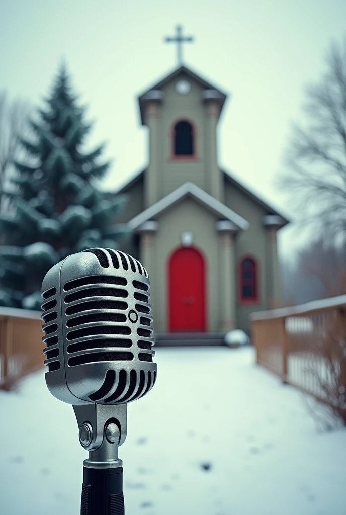 A banner with a microphone in the foreground, occupying a large part of the banner. in background whith, an old church with a red door and a pine tree in the garden, and snow all around.