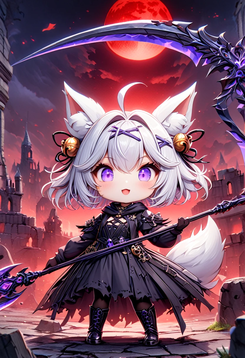 master piece, best quality, ultra-detailed, illustration, midnight, battlefield, gloomy atmosphere, broken castle, broken walls, ruins, purple flames, red moon, 1girl, solo, chibi, (big head), cute pose, front view, looking at viewer, ((full body Close up)), chubby, fat, filian, filianoverall, Filiansailor, ((white hair)) , short hair, shoulder length hair, fly-away hair, bangs, hairclip, purple hair ornament, cat ears, (hair bell:1.3) ahoge, purple eyes, open mouth, smiling, (white fluffy fox tail), (black tattered robe), long gown, black arm sleeves, black gloves, wielding scythe, black stockings, black boots