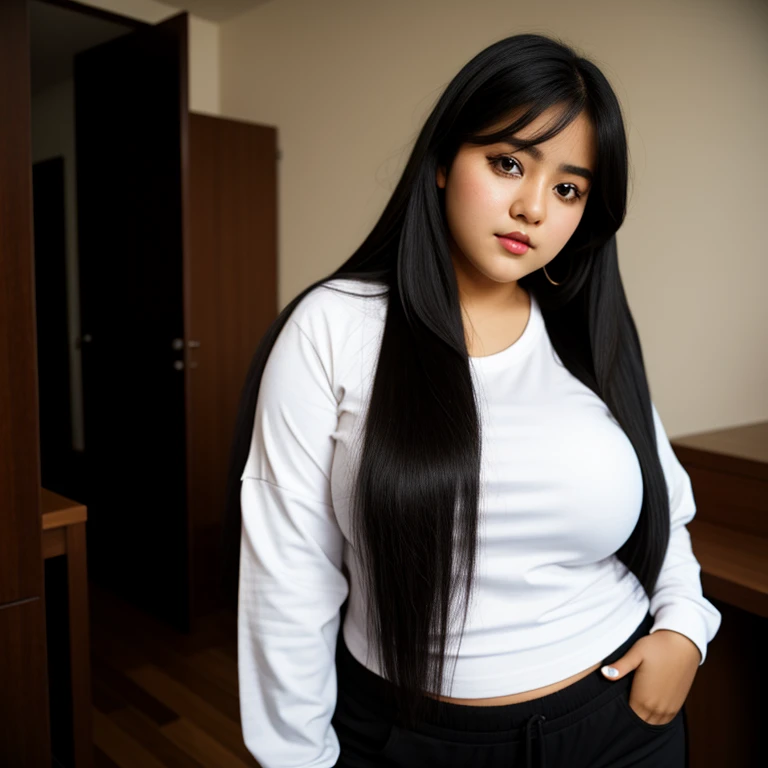 body photo, beautiful detailed, cute face, short, Guanajuato , long black hair, black hair over one eye, long sleeve plain T-shirt, long pants, voluptuous wide hips, solo,