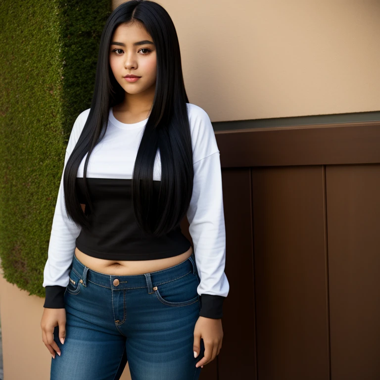 body photo, beautiful detailed, cute face, short, Guanajuato teen, long black hair, black hair over one eye, long sleeve plain T-shirt, long pants, voluptuous wide hips, solo, 