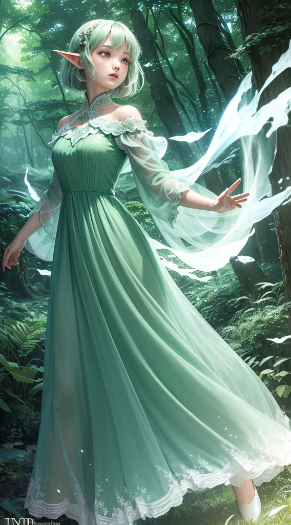 (Masterpiece, Top Quality, Best, Official Art, Beautiful and Aesthetic, Long Exposure: 1.2), Smooth Movement, Charming Patterns, 1 Girl, (Long Dress with Sleeves: 1.3), (((Green Clothes) )), upper body close-up, bare shoulders, Chinese girl, blush, black lob hair, portrait, solo, upper body, looking at the observer, detailed background, detailed face, (crystallineAI, crystalline theme:1.1), elemental wood elf, rotation foliage, control foliage, emerald clothing, dynamic pose, floating particles, ethereal dynamics, foliage, vapor, forest in the background, green tint, forest, ethereal atmosphere,