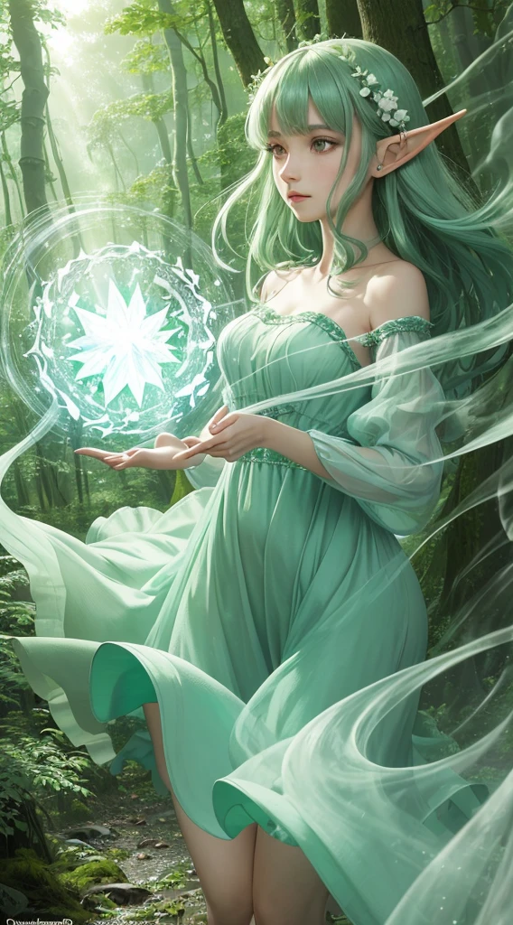 (Masterpiece, Top Quality, Best, Official Art, Beautiful and Aesthetic, Long Exposure: 1.2), Smooth Movement, Charming Patterns, 1 Girl, (Long Dress with Sleeves: 1.3), (((Green Clothes) )), upper body close-up, bare shoulders, Chinese girl, blush, black lob hair, portrait, solo, upper body, looking at the observer, detailed background, detailed face, (crystallineAI, crystalline theme:1.1), elemental wood elf, rotation foliage, control foliage, emerald clothing, dynamic pose, floating particles, ethereal dynamics, foliage, vapor, forest in the background, green tint, forest, ethereal atmosphere,