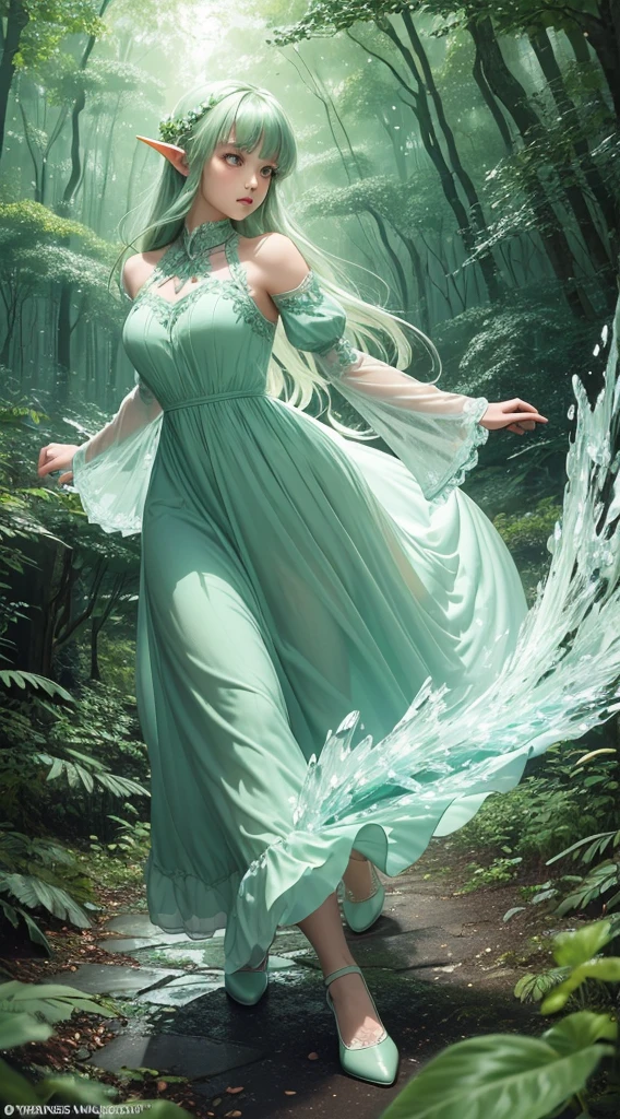 (Masterpiece, Top Quality, Best, Official Art, Beautiful and Aesthetic, Long Exposure: 1.2), Smooth Movement, Charming Patterns, 1 Girl, (Long Dress with Sleeves: 1.3), (((Green Clothes) )), upper body close-up, bare shoulders, Chinese girl, blush, black lob hair, portrait, solo, upper body, looking at the observer, detailed background, detailed face, (crystallineAI, crystalline theme:1.1), elemental wood elf, rotation foliage, control foliage, emerald clothing, dynamic pose, floating particles, ethereal dynamics, foliage, vapor, forest in the background, green tint, forest, ethereal atmosphere,