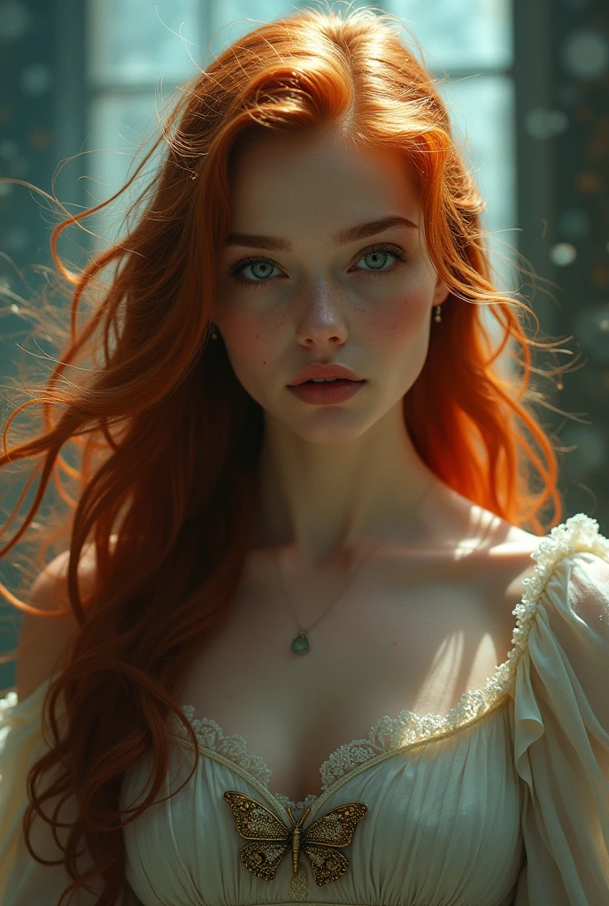 (solo, full body photo:1.3), (action packed:1.3), (haze, fog, mist:1.3), chiaroscuro, best quality, photorealistic, 1woman, (cute), (24yo:1.2), redhead, long ginger hair highly detailed, 1700'S, digital photography, art by artgerm and ruan jia and greg rutkowski surreal painting gold butterfly filigree, broken glass, (masterpiece, sidelighting, finely detailed Fashionable eyes: 1.2) (perfect oval large eyes that gazes at the viewer), beautiful detailed face, blue gorgeous perfect eyes, (blonde hair ponytail), (attractive young woman:1.3), (thick amazing hair), (seductive:1.1), (blushing:1.1)