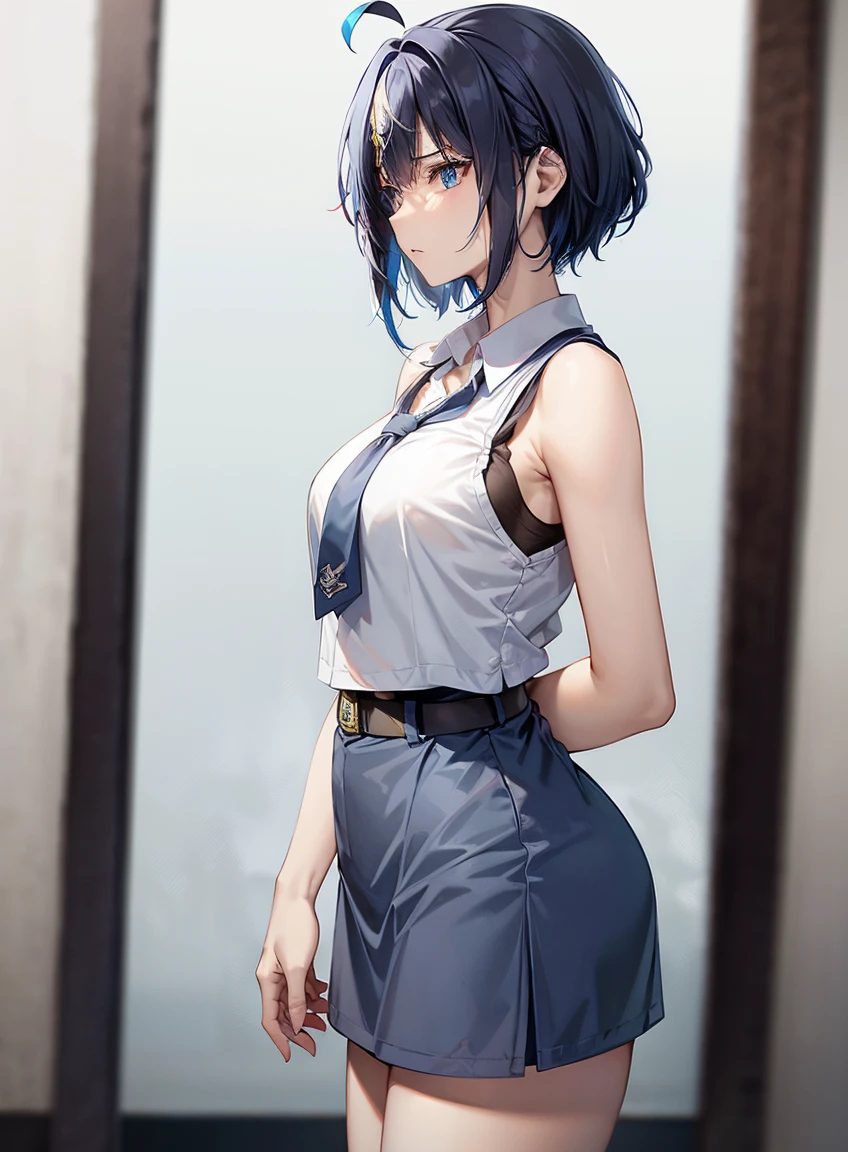 highres, (1girl), (white hair), (short hair), (short ahoge hair), (multicolor hair), (blue streaked hair), (blue eyes), white dress, sleeveless, angry face, evil eyes, side view, profile view , looking away, white background, 1girl, cewe-sma, from fitting, white shirt, gray skirt, belt, Black Hair, Beautiful and dense face, white skin,(1 girl),skinny, medium chest, (black eye),