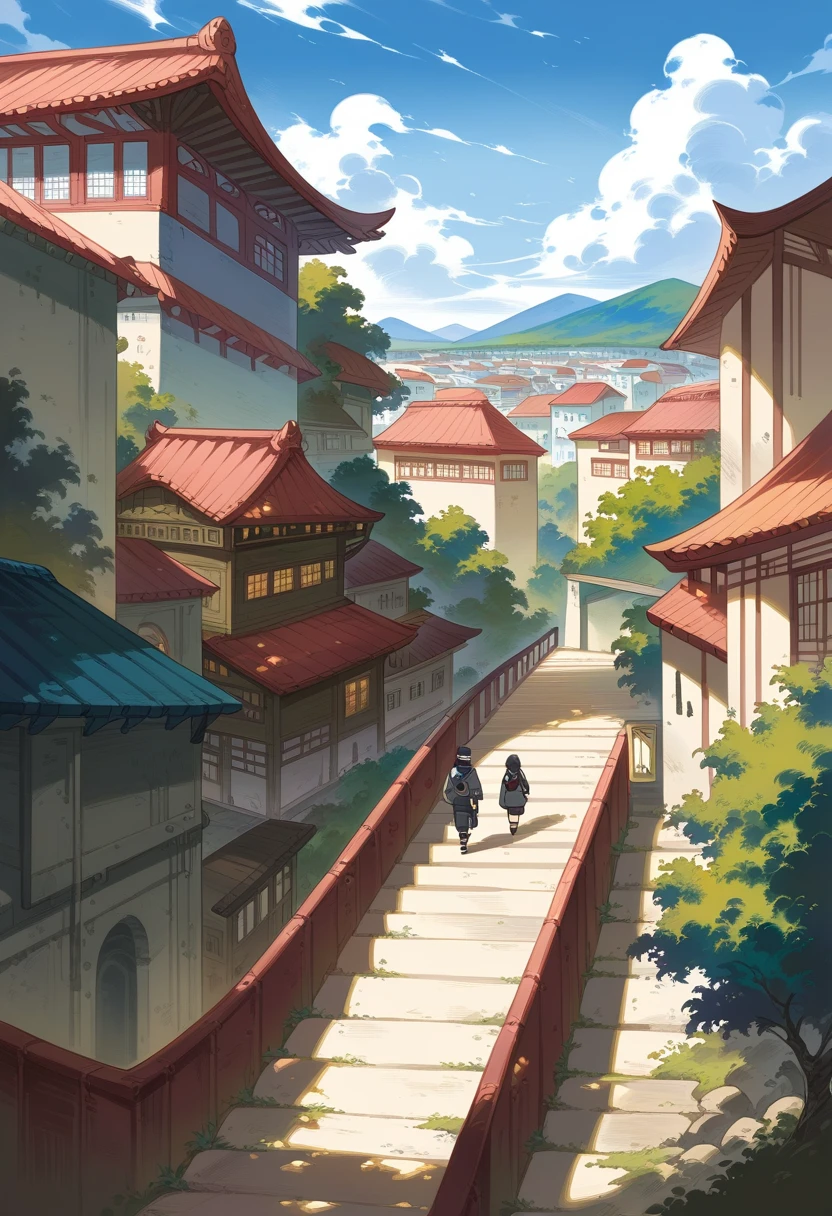 anime characters are walking up a ramp in a city, a detailed painting, concept art, by Hayao Miyazaki, naruto artstyle, intricate and epic concept art, wonderful compositions, anime key visual concept art of, japanese art on behance

