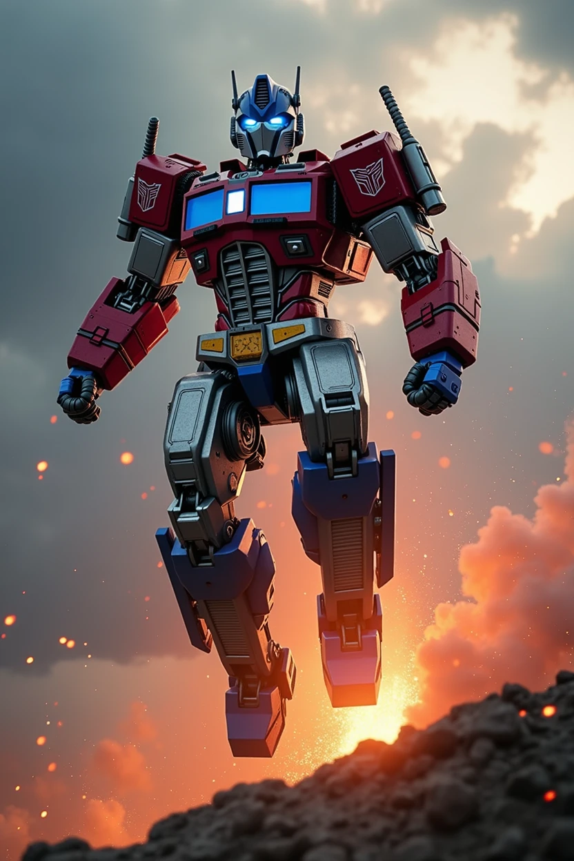 . Android. Terminator.batman iron man. Superman. Ultraman Red white armor. Mediva concept. Samurai Optimus Prime, robot warrior, leaping against dark cloudy sky, intense battle background, dynamic explosion effects, cinematic lighting, highly detailed, 8K, (best quality,4k,8k,highres,masterpiece:1.2),ultra-detailed,(realistic,photorealistic,photo-realistic:1.37),epic action scene,dramatic pose,intricate mechanical design,glowing energy,sparks,dust,devastation,cinematic angle,dramatic lighting