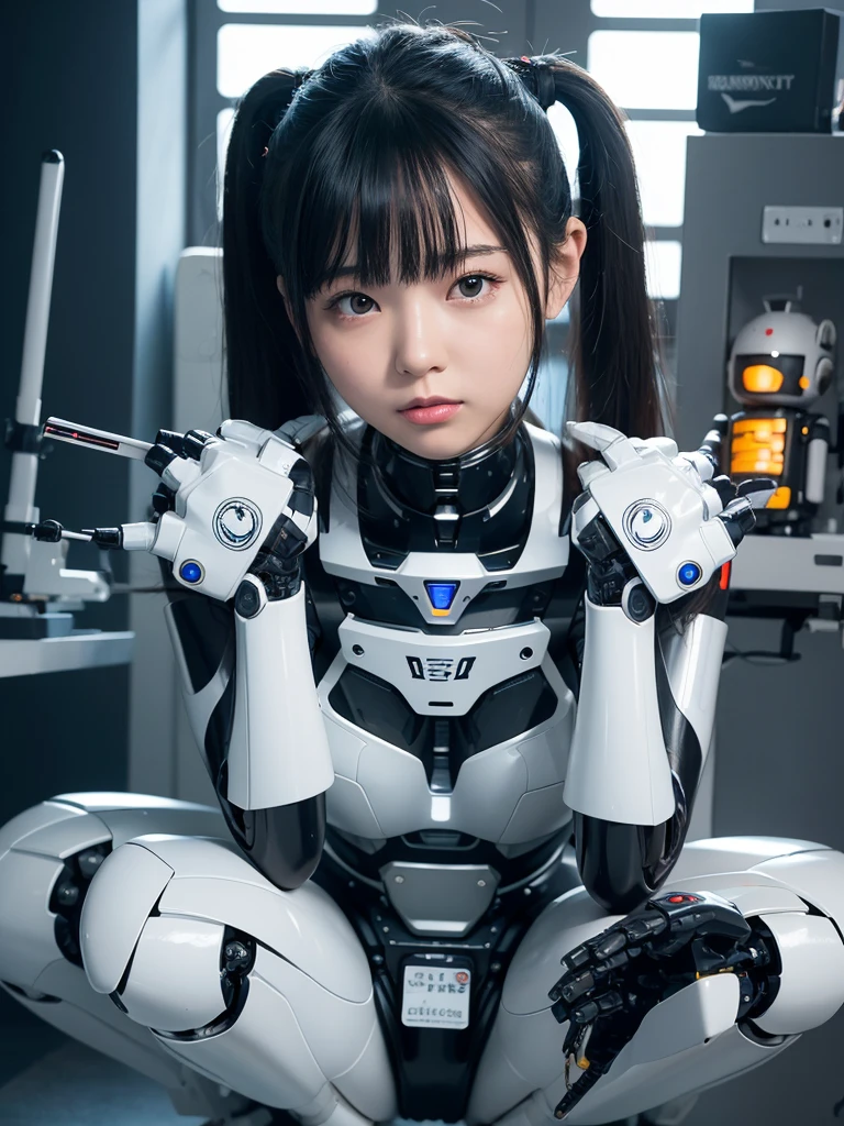 masterpiece, Highest quality, Very detailed, Japaese アンDroid girl,Portraiture,Plump,Thick,Control panel,アンDroid,Droid,Mechanical Hand, robotの腕と脚, Black Hair,Blunt bangs,perfect robot girl,Long tube,A thick cable was attached to her neck.,アンDroid,robot,humanoid,cyborg,japanese cyborg girl ,robot-assembly plant,She is now assembling,Assembly scene,Chubby,Squat