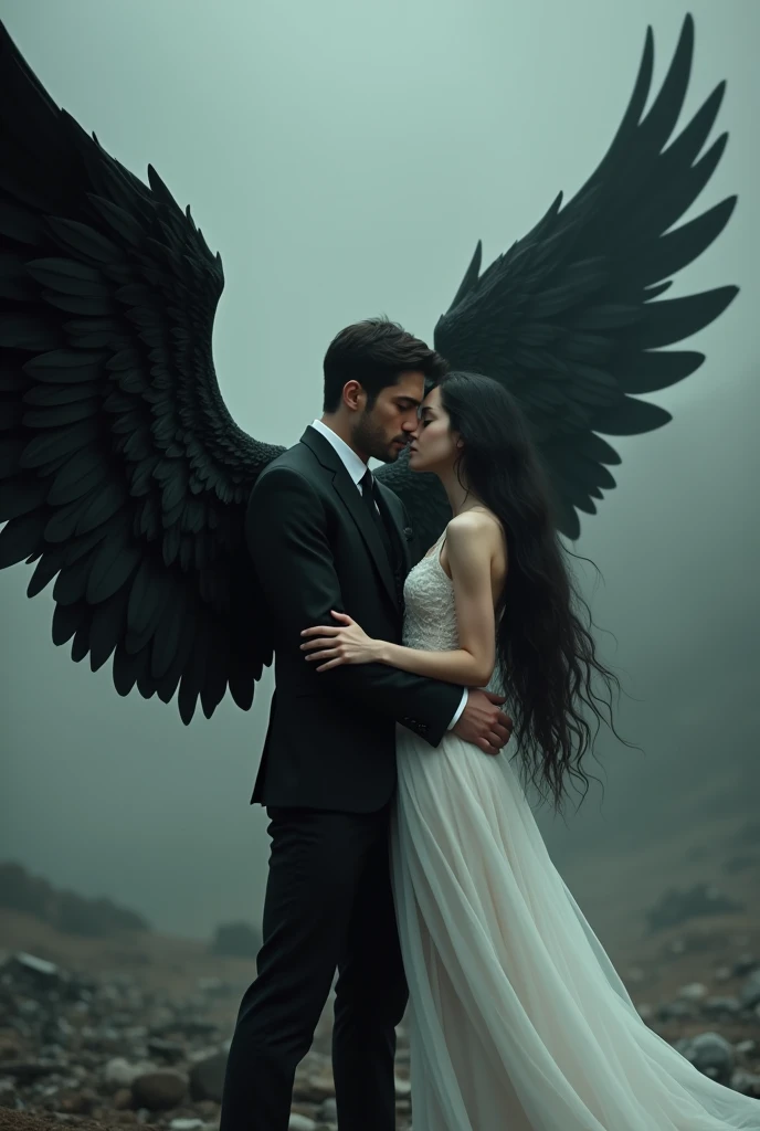 Create a highly detailed digital art piece depicting a dramatic and intense scene. The image should feature a handsome male, wearing a black suit and has wings made of feathers. The wings should appear powerful and dynamic, enhancing the surreal and otherworldly feel of the scene. The male hugged a beautiful female figure with long, flowing black hair, dressed in a semi-transparent, ethereal white gown that suggests a blend of elegance and mystery. Her posture should be one of awe or slight trepidation as she gazes up at the towering figure. The background should be moody and atmospheric, possibly with a hint of desolation or a war-torn landscape.