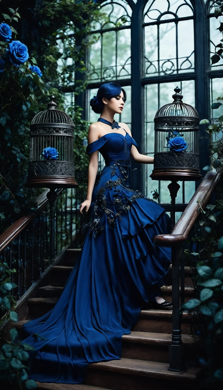 Image of forests of clocks interspersed with forests of thorns, dark, gloomy, mysterious but full of magic, shimmeringly beautiful, in the distance there is a giant birdcage surrounded by climbing black roses, a short blue shoulder length hair beautiful girl are step up on the luxury stair cover by blue rose ivy in the bird cage, cinematic color, 16K, UHD, K-Pop Style
