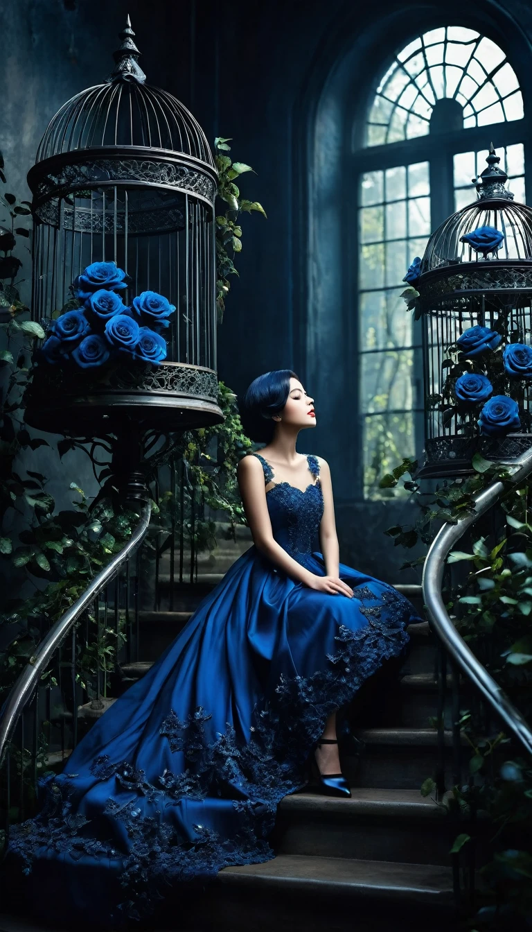 Image of forests of clocks interspersed with forests of thorns, dark, gloomy, mysterious but full of magic, shimmeringly beautiful, in the distance there is a giant birdcage surrounded by climbing black roses, a short blue shoulder length hair beautiful girl are step up on the luxury stair cover by blue rose ivy in the bird cage, cinematic color, 16K, UHD, K-Pop Style
