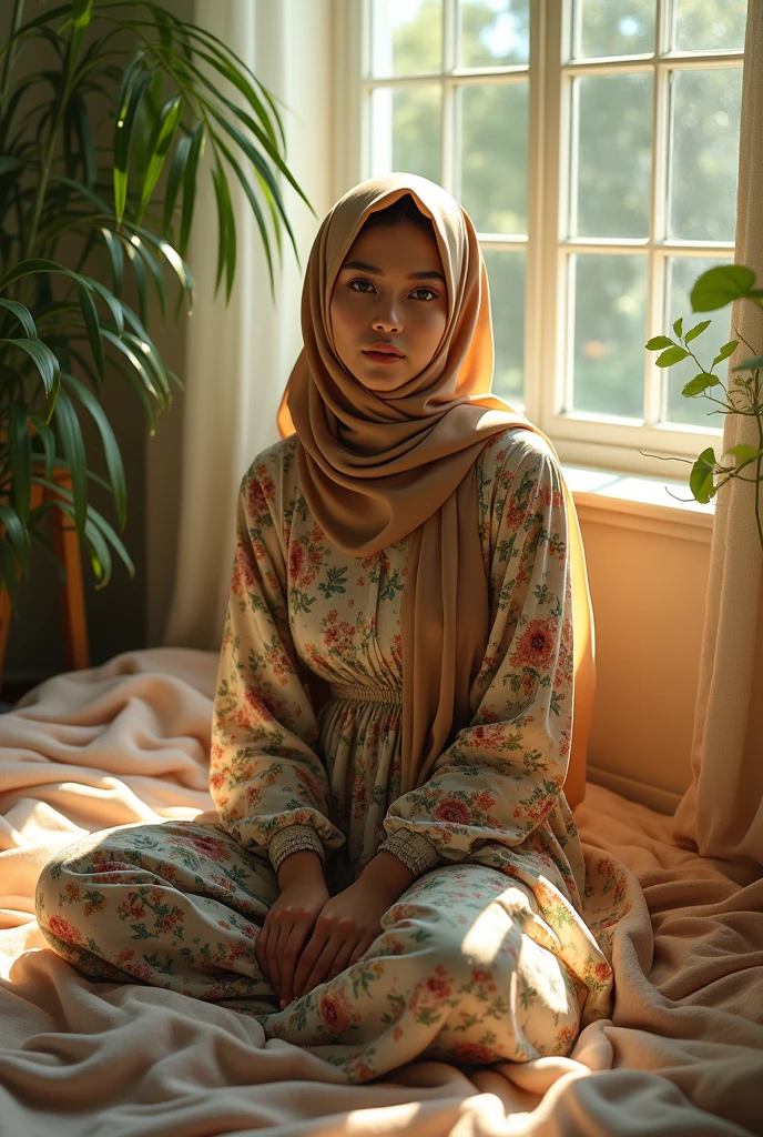malaysian hijab girl with floral clothes sit on bed