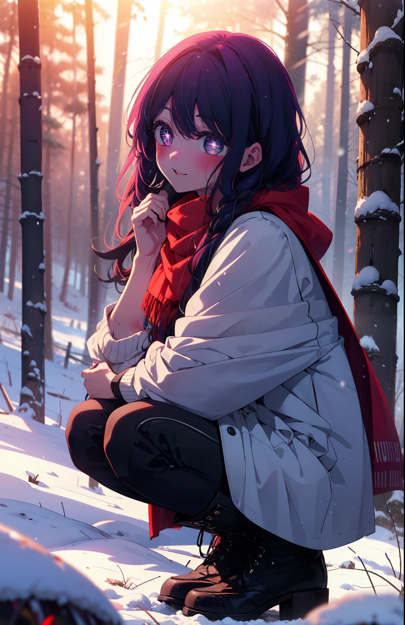 aihoshino, Ai Hoshino, Long Hair, bangs, (Purple eyes:1.1), Purple Hair, (Symbol-shaped pupil:1.5), smile,,smile,blush,white breath,
Open your mouth,snow,Ground bonfire, Outdoor, boots, snowing, From the side, wood, suitcase, Cape, Blurred, , forest, White handbag, nature,  Squat, Mouth closed, Cape, winter, Written boundary depth, Black shoes, red Cape break looking at viewer, Upper Body, whole body, break Outdoor, forest, nature, break (masterpiece:1.2), Highest quality, High resolution, unity 8k wallpaper, (shape:0.8), (Beautiful and beautiful eyes:1.6), Highly detailed face, Perfect lighting, Extremely detailed CG, (Perfect hands, Perfect Anatomy),