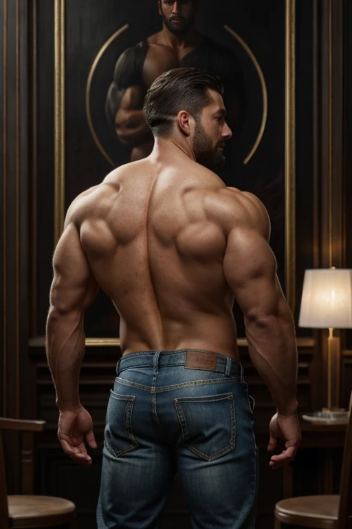A portrait of characters [muscular 30 years old man from the Soviet Union, hairy body, Alpha male, huge biceps, defined abs, woolly fur, elegant, Jeans, black hood, White shoes, seductive smile, My hero] Autumn Park, 4k, high detailed, beautiful, Dark Age, arte de Stanley artgerm, by Daniel F. Gerhartz, by Pino Daeni, Very detailed, Sharp focus. Backside man backside 