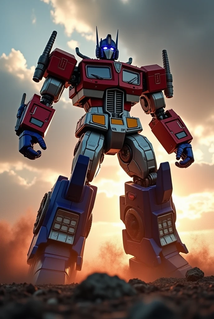 Big muscle robot. Full armour hulk buster. . iron man. Superman. Ultraman Red white armor. Mediva concept. Samurai Optimus Prime, robot warrior, leaping against dark cloudy sky, intense battle background, dynamic explosion effects, cinematic lighting, highly detailed, 8K, (best quality,4k,8k,highres,masterpiece:1.2),ultra-detailed,(realistic,photorealistic,photo-realistic:1.37),epic action scene,dramatic pose,intricate mechanical design,glowing energy,sparks,dust,devastation,cinematic angle,dramatic lighting
