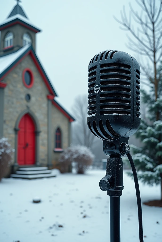 A banner with a microphone in the foreground, occupying a large part of the banner. in background whith, an old church with a red door and a pine tree in the garden, and snow all around.