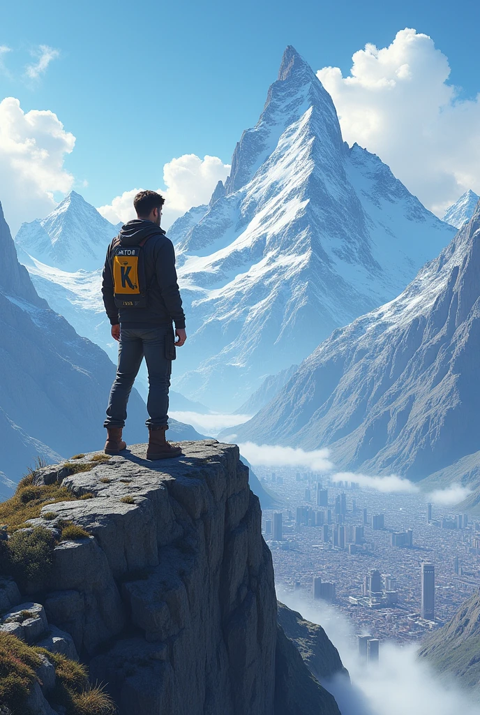 A man is on a high mountain and below him is a big city and on his shirt is written ANTON K.