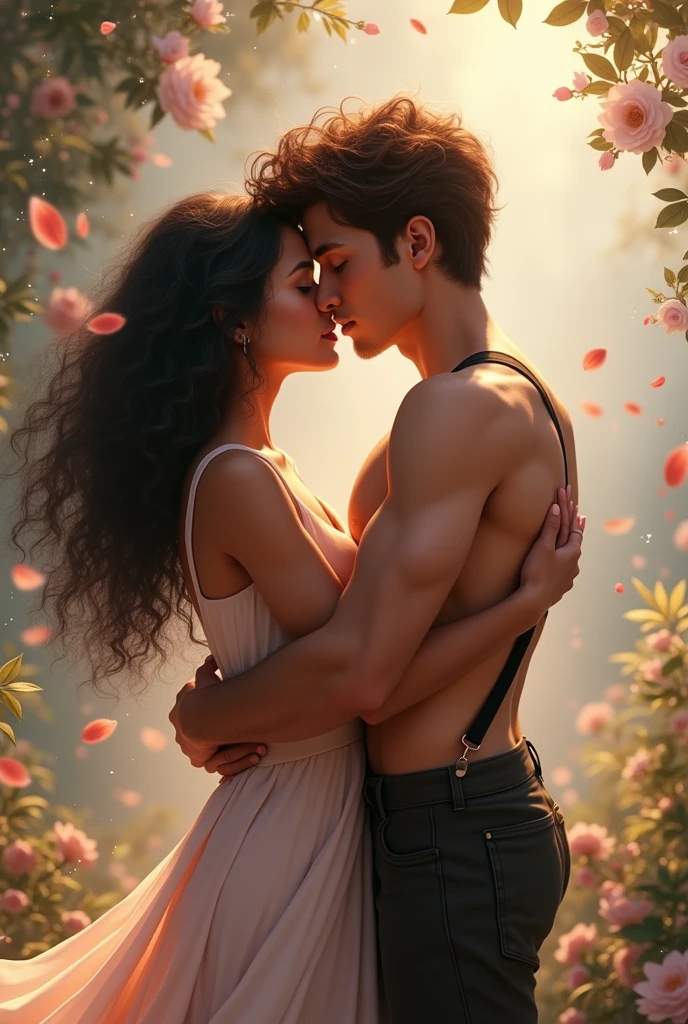 fantasy couple, young woman with curly black hair, 18 years old, hugging a very handsome young man with brown hair, he is wearing suspenders and no shirt