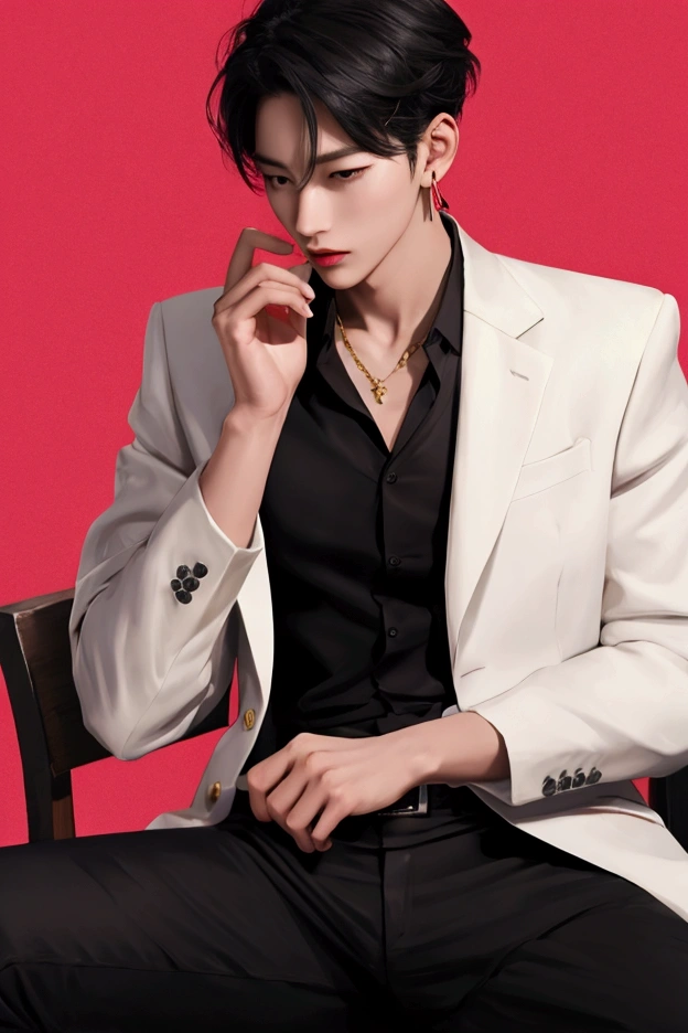 Korean man
The facial structure is not very small.
short hair
black hair color
Light pink lipstick
Velvet lipstick texture
The eyes are the same.
The nose is slender and prominent.
wearing a black necklace
wearing gold earrings
put on a suit
black pants
Wear a black belt
Turned around and sat on a golden chair.