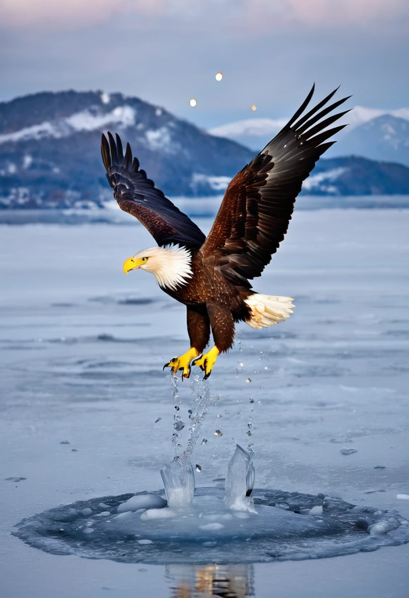 a giant Steller's sea eagle with wings outstretched grabbing a fish with its thick talons, standing on the vast frozen sea of the sea of Okhotsk in Hokkaido, Japan, the stark white winter landscape with sparkling particles of light, professional lighting, professional camera, there must be a fish caught in the foot.