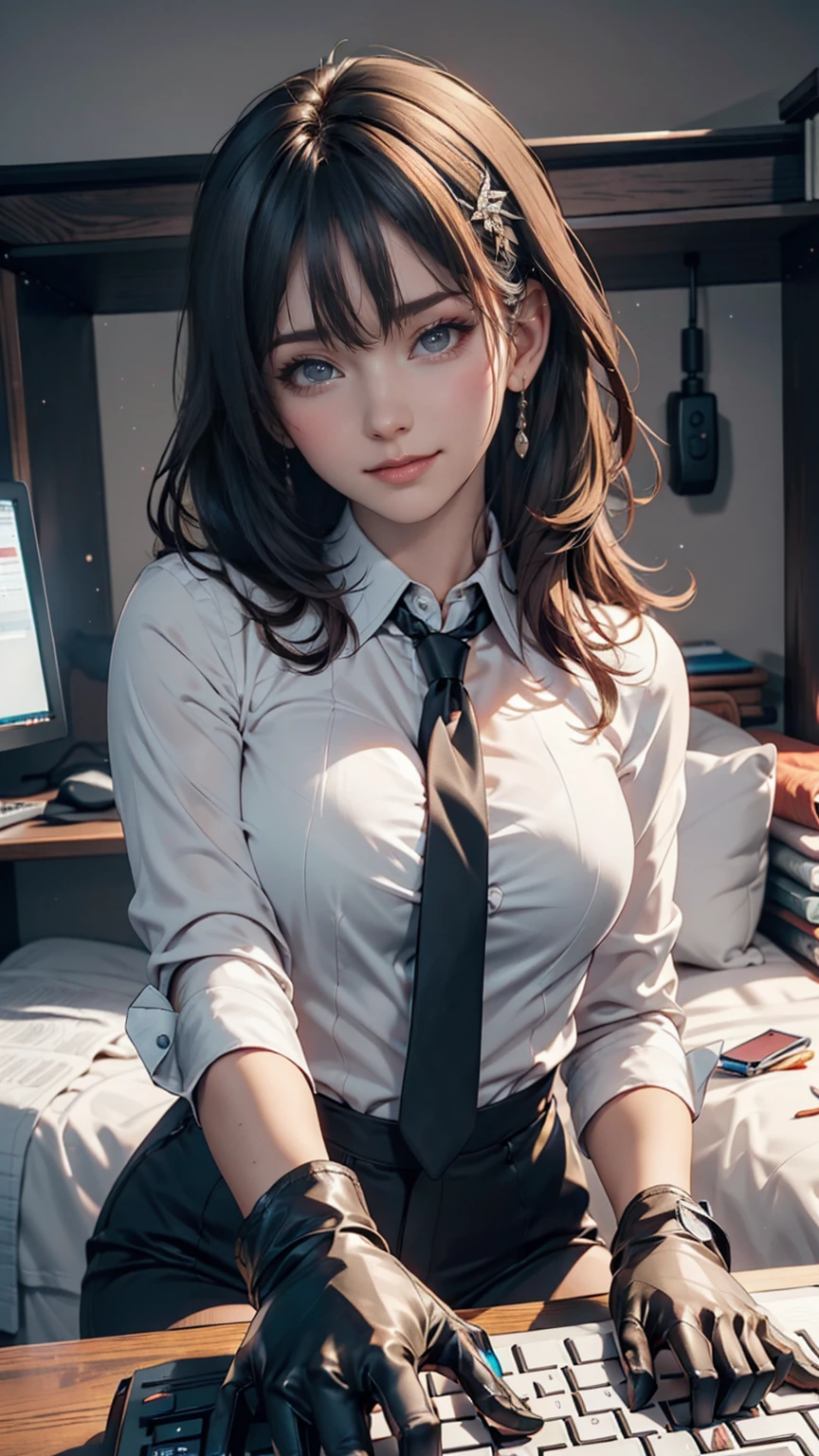 masterpiece, Highest quality, Twitch-chan, Hair Clip, hair ornaments, Collared shirt, No sleeve, tie, gloves, sitting behind a desk, View your viewers, smile, wave hands, bedroom, bed, computer mouse, keyboard