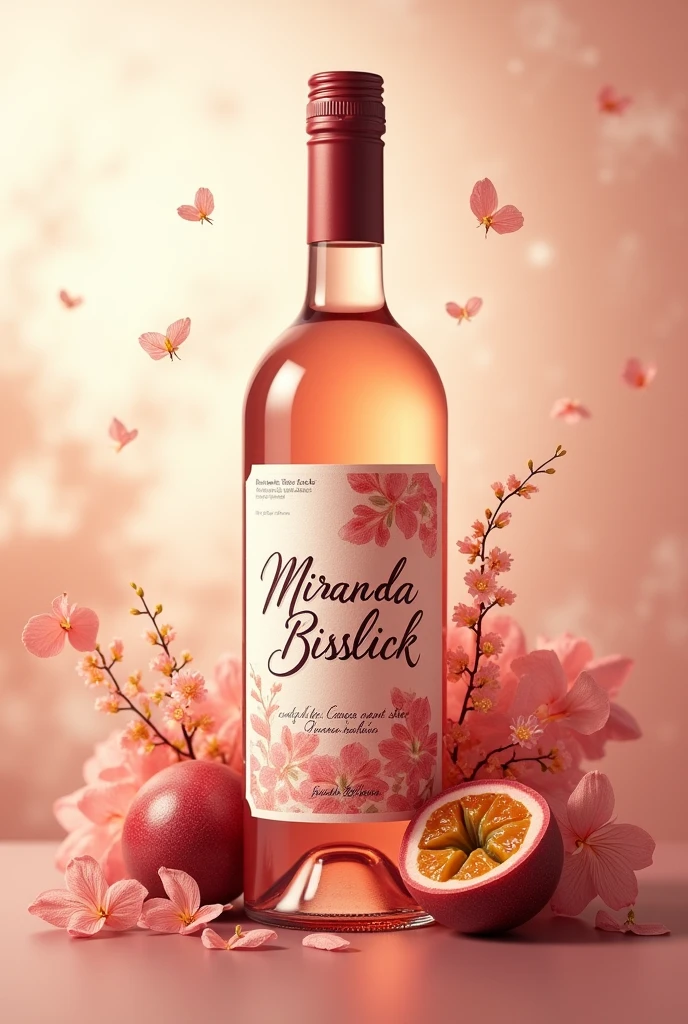 Create a label for a wine called Passion Bisslick by Miranda Bisslick, that looks delicate, sexy and fine and with passion fruit