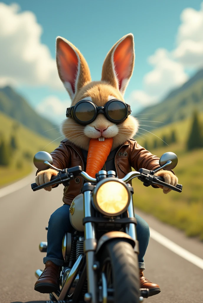 Rabbit eating a carrot while riding a motorcycle