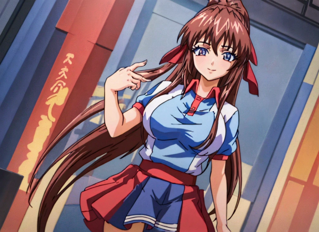 (Anime artwork, Anime Style, Studio Anime, Very detailed, up to date, Vibrant, Anime Coloring Book, High Contrast, masterpiece:1.2, Highest quality, Best aesthetics), (Beautiful and detailed eyes:1.2), Aoi Tennis, One girl, alone, blue eyes, Hair Ribbon, Tennis uniform, Polo shirt, Raglan sleeves, Pleated skirt, Red Skirt, smile, Asymmetrical bangs, Perfect Proportions, Skin with attention to detail, cute, Detailed face, (Cowboy Shot, Dynamic Angle:1.2), (Accurate fingertips, Browse 4, Thumb 1),