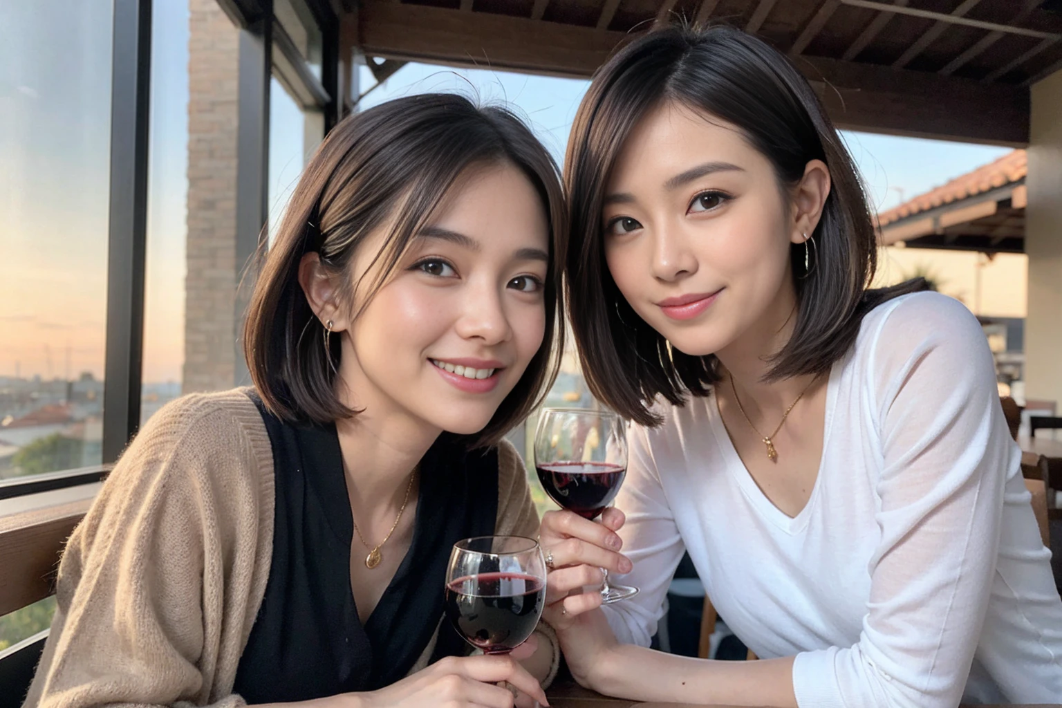 （Realistic:1.1）,(masterpiece,Highest quality)，8k,(49 years old), 53 years old, ベリーslimボディ、slimカップル、Tight waist,Upper Body,full-course dinner、wine 、Amazing view of the sunset sky and clouds、Perfect Anatomy, Brown Hair, short hair,Random Hairstyles,((Highly detailed face and eyes:1.2))，Perfect golden ratio face，Long sleeve shirt、dress,(smile:1.2)、Shortcuts、cute、(Realistic, Intricate details:1.2), A bright smile、short hair,Bright Face、赤wine 、Appetizers、Italian food、wine bottle、Champagne、スパークリングwine、(slimな顔), (The body is slim), (Brown Hair), (Shortcuts),  Upper Body, 白wine, slim, wineグラス, 