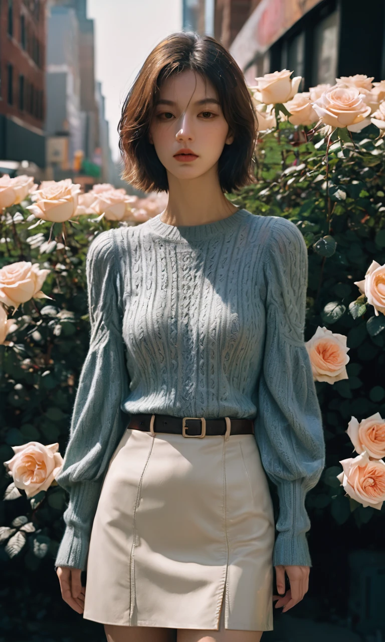 girl,1 female, Delicate eyes,Delicate face , Thigh details, On the streets of New York, Detailed background, Movie Shadows, Dramatic Lighting by Bill Sienkiewicz, ( SimplepositiveXLv1:0.7), _girl, Aesthetic portrait, Low angle shot of cowboy, tight sweater, (Field of Roses :1.4),
(Puff sleeves:1.3), knitted mini skirt, Model pose,