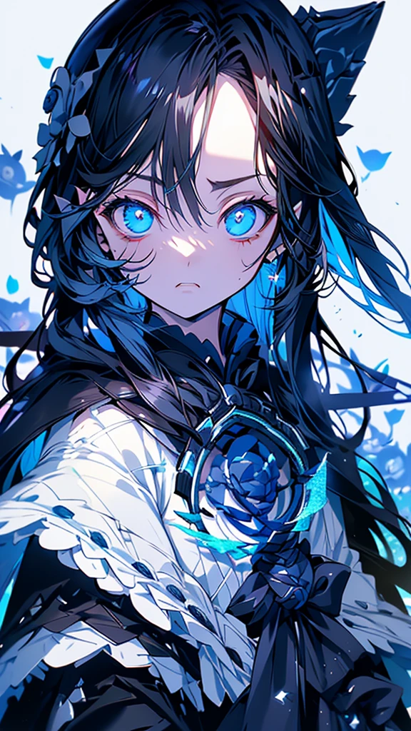 masterpiece、20 year old 1 girl、Black Hair、Long Hair、Blue eyes、Angry Face、Black suit、(((Blue Rose)))、(Rose Background)、Upper Body、((focus on her face))