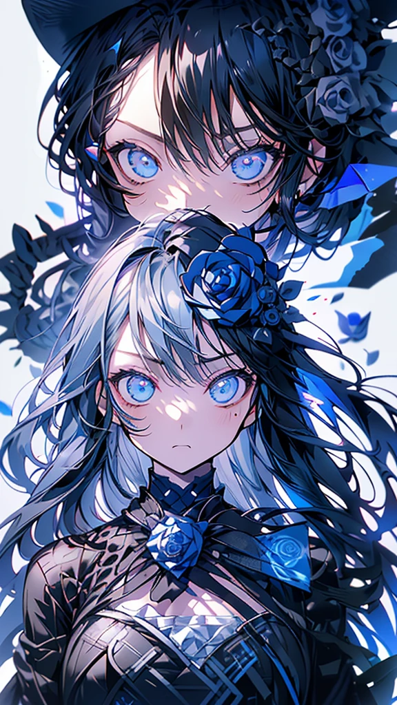 masterpiece、20 year old 1 girl、Black Hair、Long Hair、Blue eyes、Angry Face、Black suit、(((Blue Rose)))、(Rose Background)、Upper Body、((focus on her face))