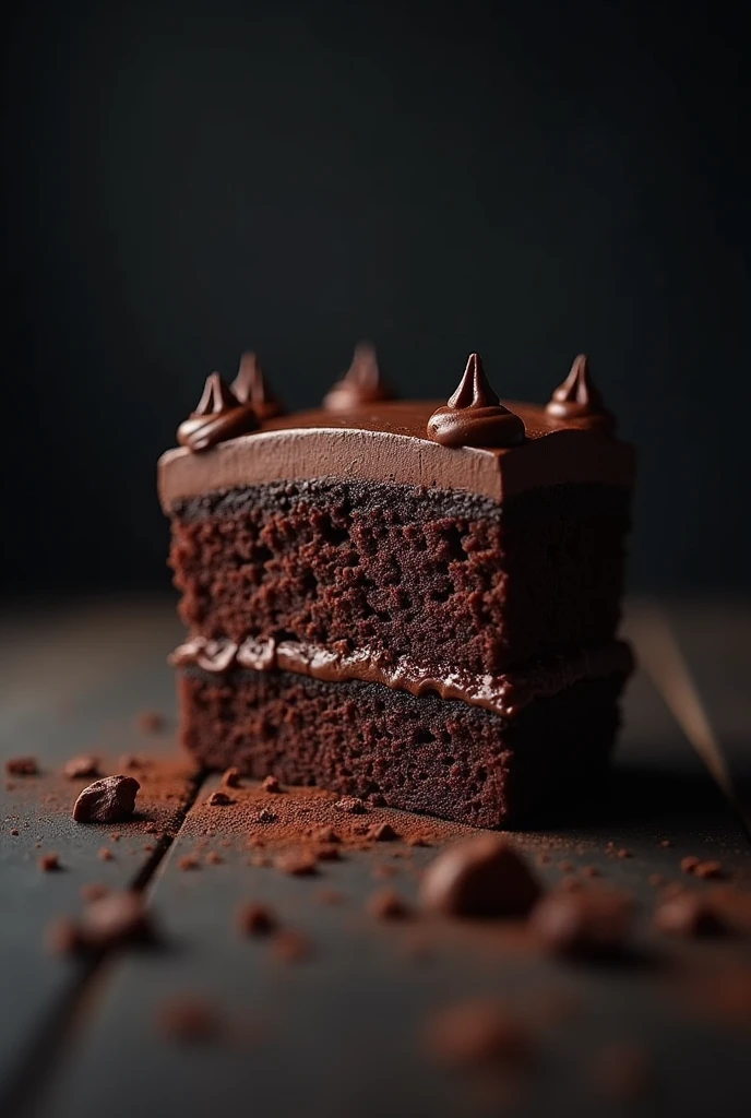 cinematic film still chocolate, chocolate cake, dark background, quality photo, moist texture, frosting, studio photo, slice . shallow depth of field, vignette, highly detailed, high budget, bokeh, cinemascope, moody, epic, gorgeous, film grain, grainy