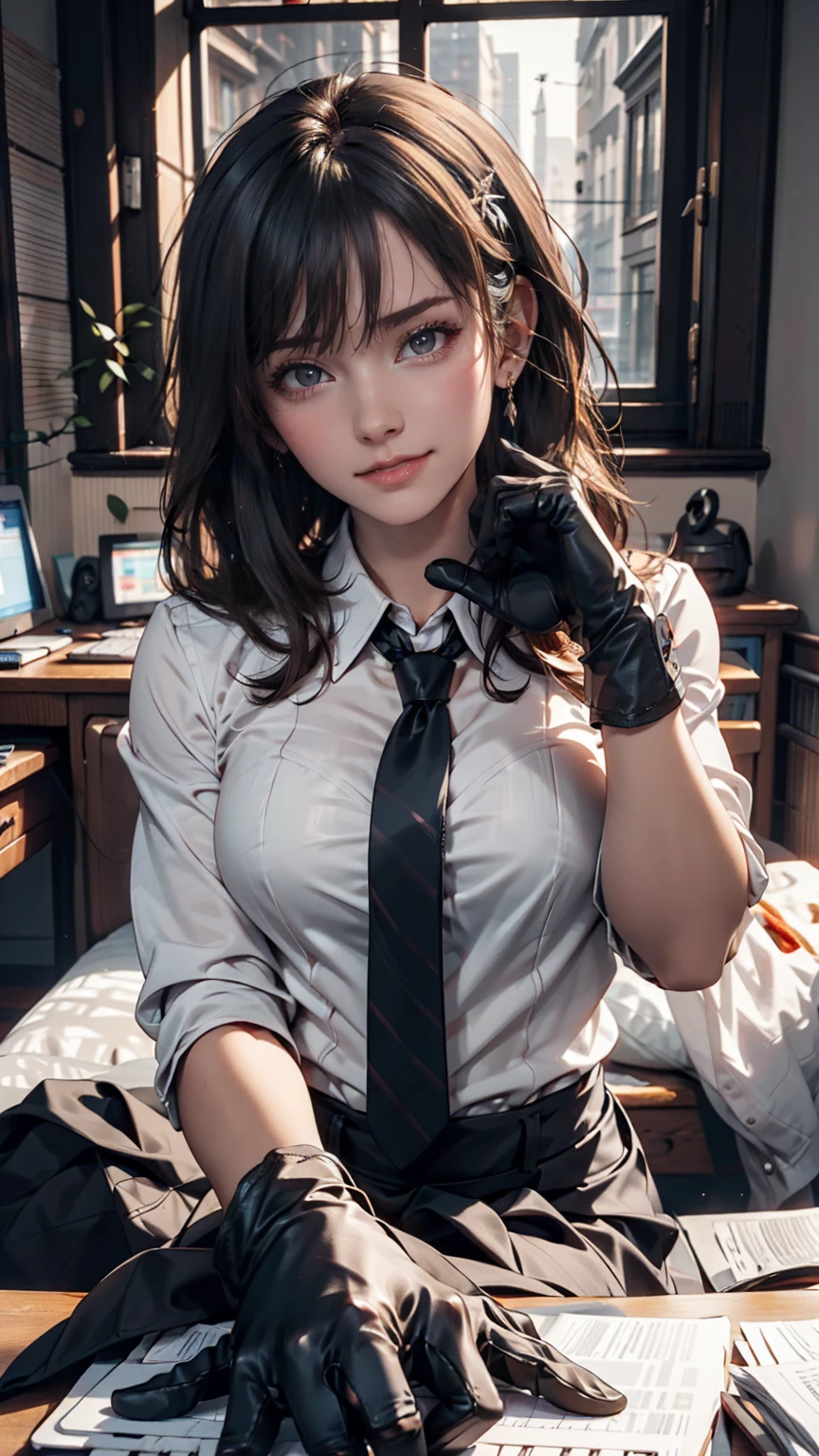 masterpiece, Highest quality, Twitch-chan, Hair Clip, hair ornaments, Collared shirt, No sleeve, tie, gloves, sitting behind a desk, View your viewers, smile, wave hands, bedroom, bed, computer mouse, keyboard