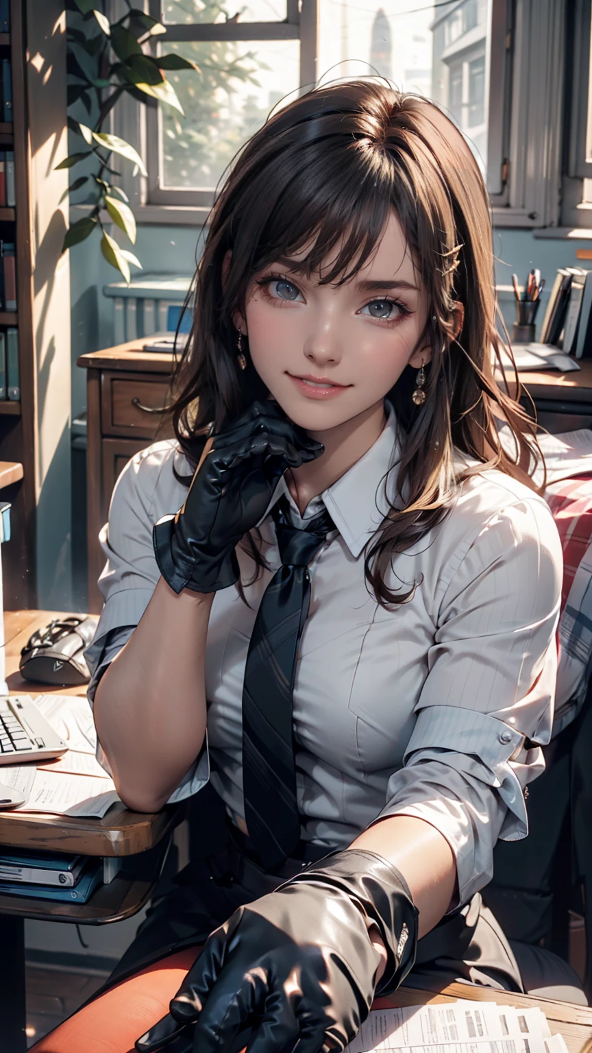 masterpiece, Highest quality, Twitch-chan, Hair Clip, hair ornaments, Collared shirt, No sleeve, tie, gloves, sitting behind a desk, View your viewers, smile, wave hands, bedroom, bed, computer mouse, keyboard 