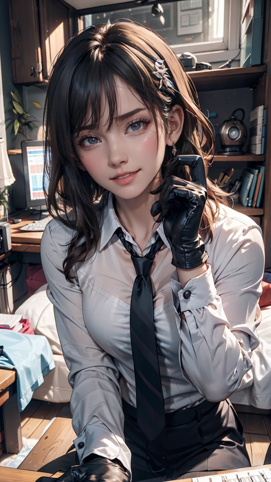 masterpiece, Highest quality, Twitch-chan, Hair Clip, hair ornaments, Collared shirt, No sleeve, tie, gloves, sitting behind a desk, View your viewers, smile, wave hands, bedroom, bed, computer mouse, keyboard 