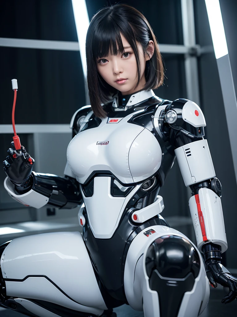 masterpiece, Highest quality, Very detailed, Japaese アンDroid girl,Portraiture,Plump,Thick,Control panel,アンDroid,Droid,Mechanical Hand, robotの腕と脚, Black Hair,Blunt bangs,perfect robot girl,Long tube,A thick cable was attached to her neck.,アンDroid,robot,humanoid,cyborg,japanese cyborg girl ,robot-assembly plant,She is now assembling,Assembly scene,Chubby,Squat