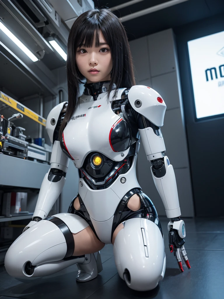 masterpiece, Highest quality, Very detailed, Japaese アンDroid girl,Portraiture,Plump,Thick,Control panel,アンDroid,Droid,Mechanical Hand, robotの腕と脚, Black Hair,Blunt bangs,perfect robot girl,Long tube,A thick cable was attached to her neck.,アンDroid,robot,humanoid,cyborg,japanese cyborg girl ,robot-assembly plant,She is now assembling,Assembly scene,Chubby,Squat