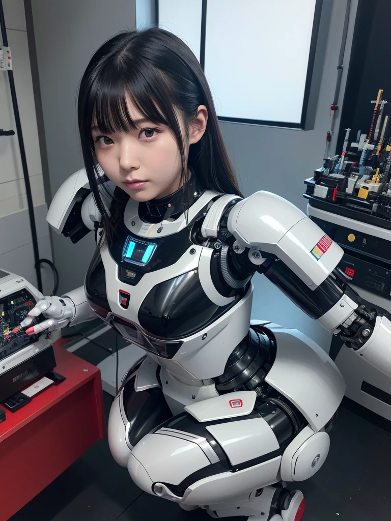 masterpiece, Highest quality, Very detailed, Japaese アンDroid girl,Portraiture,Plump,Thick,Control panel,アンDroid,Droid,Mechanical Hand, robotの腕と脚, Black Hair,Blunt bangs,perfect robot girl,Long tube,A thick cable was attached to her neck.,アンDroid,robot,humanoid,cyborg,japanese cyborg girl ,robot-assembly plant,She is now assembling,Assembly scene,Chubby,Squat