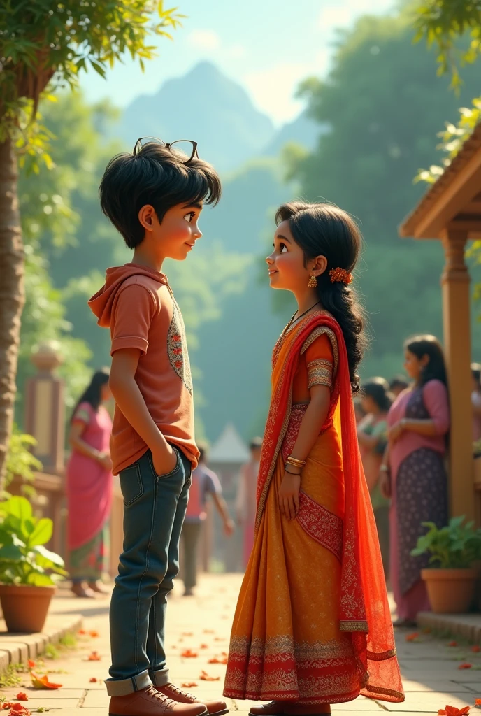 cute original photo Indian a 16 year old boy wearing stylish clothes and a 12 year old girl wearing stylish salwar suit in a background green beautiful place a people running a different style romancing 264 full hd